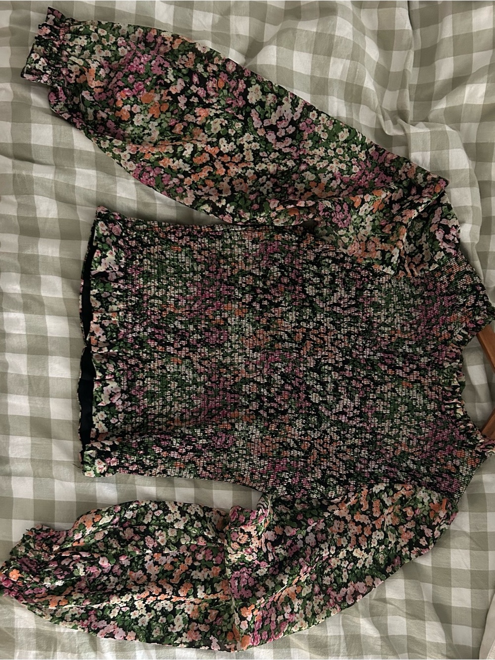 Dex Green Floral Smocked Blouse with Pink & Orange Accents